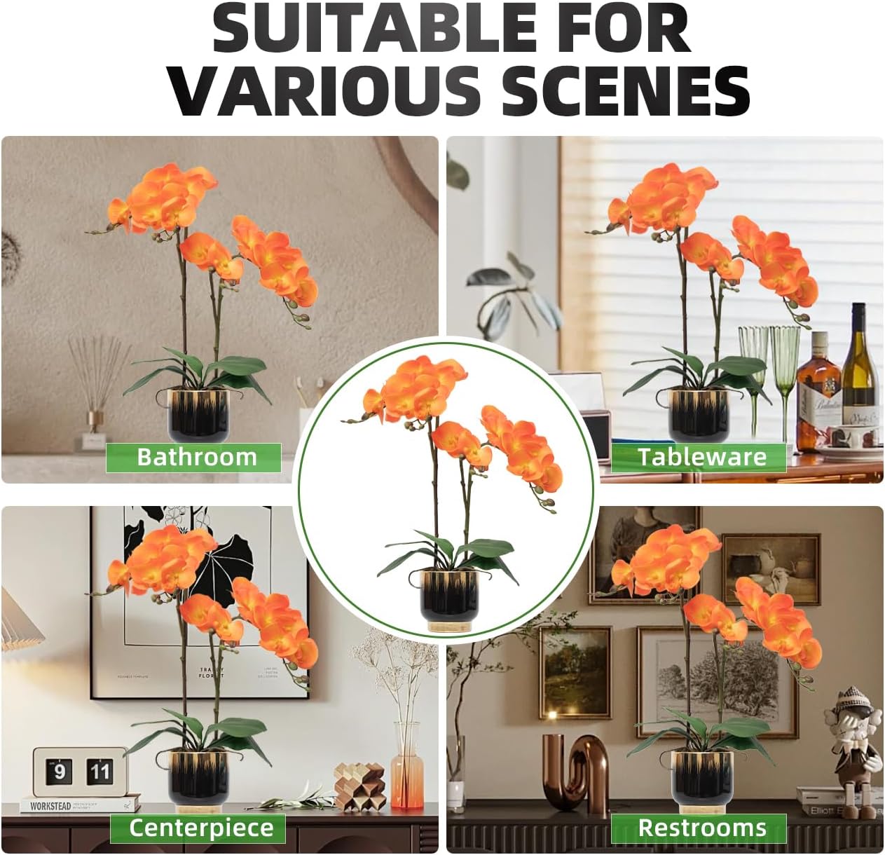 Orchids Artificial Flowers Real Touch Fake Flowers in Ceramic Pot 20" White Faux Orchid Plant Lifelike Silk Phalaenopsis for Centerpiece Hotel Home Indoor Decor