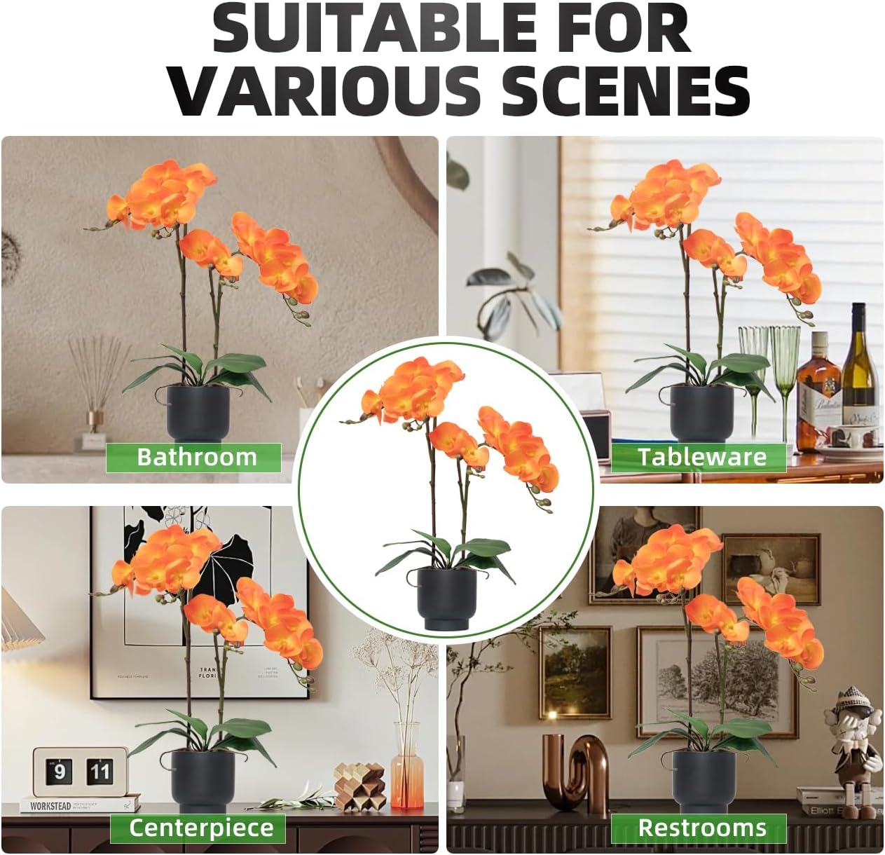 Orchids Artificial Flowers Real Touch Fake Flowers in Ceramic Pot 20" White Faux Orchid Plant Lifelike Silk Phalaenopsis for Centerpiece Hotel Home Indoor Decor
