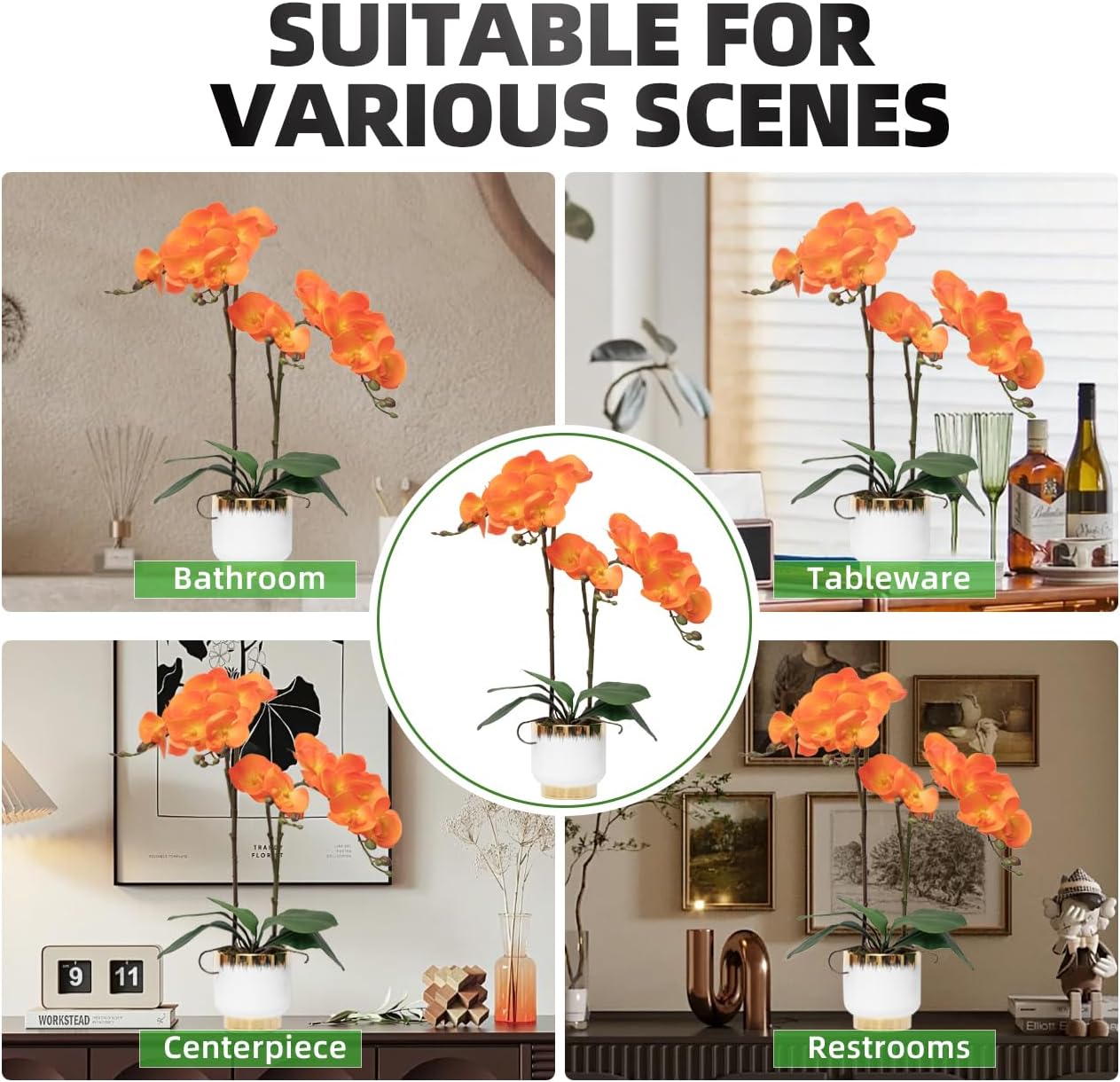 Orchids Artificial Flowers Real Touch Fake Flowers in Ceramic Pot 20" White Faux Orchid Plant Lifelike Silk Phalaenopsis for Centerpiece Hotel Home Indoor Decor