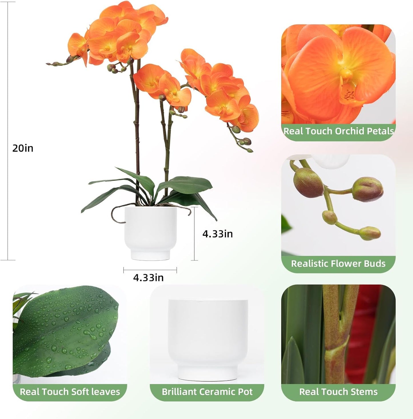 Orchids Artificial Flowers Real Touch Fake Flowers in Ceramic Pot 20" White Faux Orchid Plant Lifelike Silk Phalaenopsis for Centerpiece Hotel Home Indoor Decor