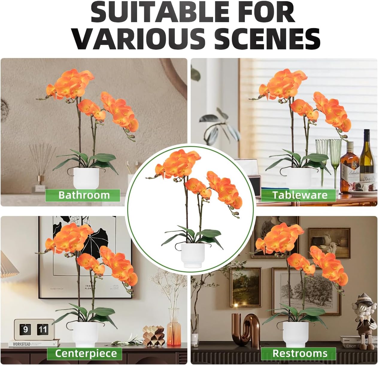 Orchids Artificial Flowers Real Touch Fake Flowers in Ceramic Pot 20" White Faux Orchid Plant Lifelike Silk Phalaenopsis for Centerpiece Hotel Home Indoor Decor