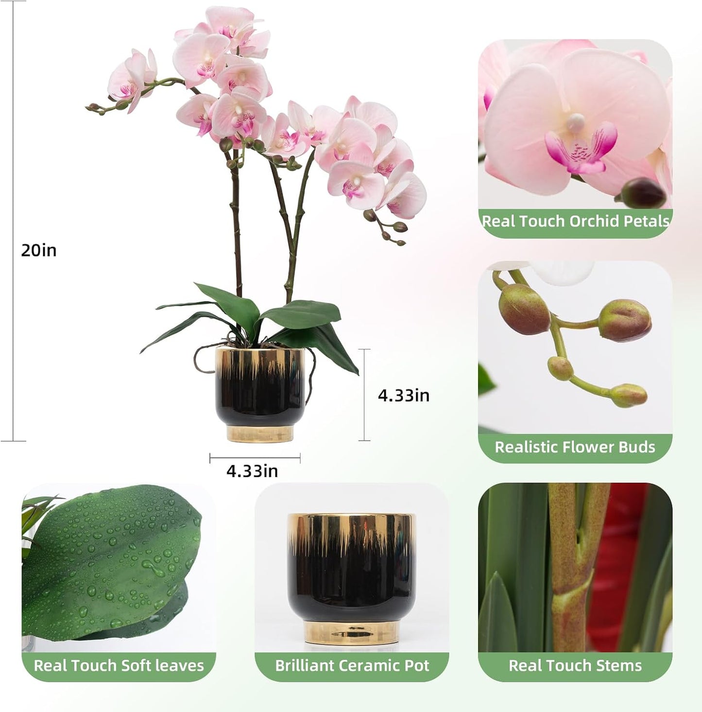 Orchids Artificial Flowers Real Touch Fake Flowers in Ceramic Pot 20" White Faux Orchid Plant Lifelike Silk Phalaenopsis for Centerpiece Hotel Home Indoor Decor