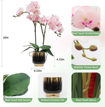 Orchids Artificial Flowers Real Touch Fake Flowers in Ceramic Pot 20" White Faux Orchid Plant Lifelike Silk Phalaenopsis for Centerpiece Hotel Home Indoor Decor