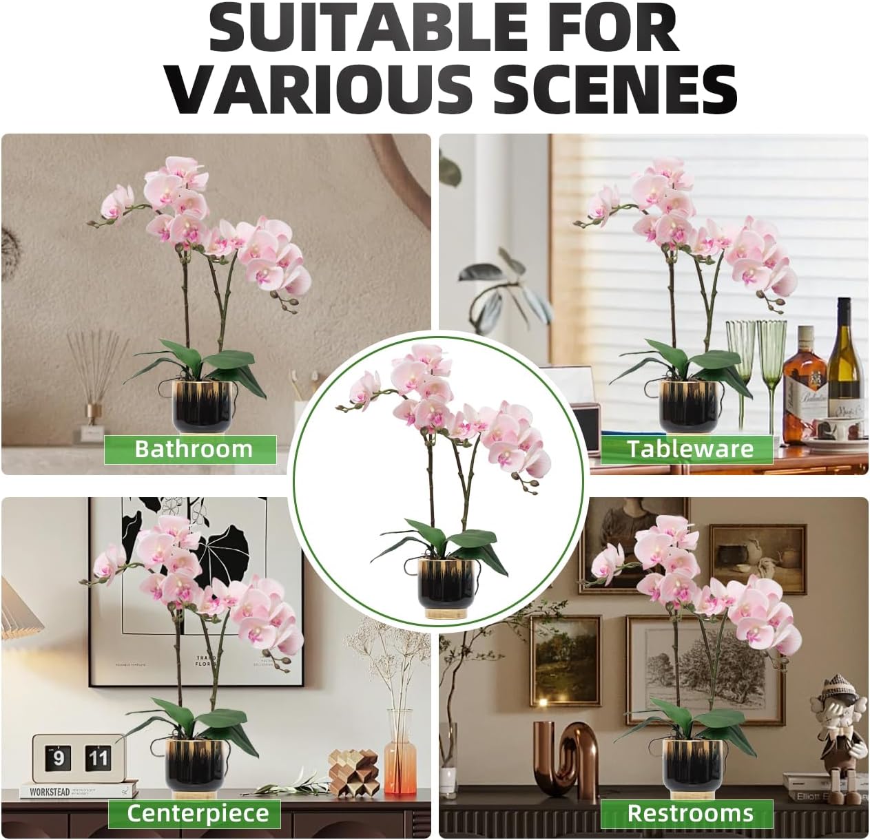 Orchids Artificial Flowers Real Touch Fake Flowers in Ceramic Pot 20" White Faux Orchid Plant Lifelike Silk Phalaenopsis for Centerpiece Hotel Home Indoor Decor