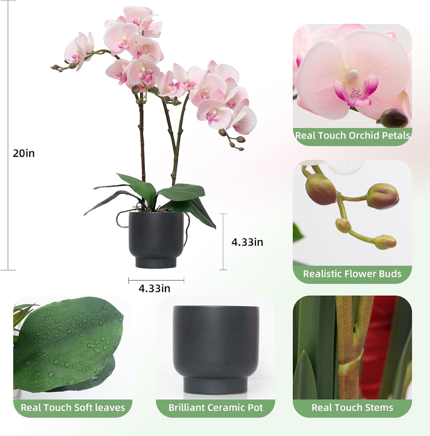 Orchids Artificial Flowers Real Touch Fake Flowers in Ceramic Pot 20" White Faux Orchid Plant Lifelike Silk Phalaenopsis for Centerpiece Hotel Home Indoor Decor