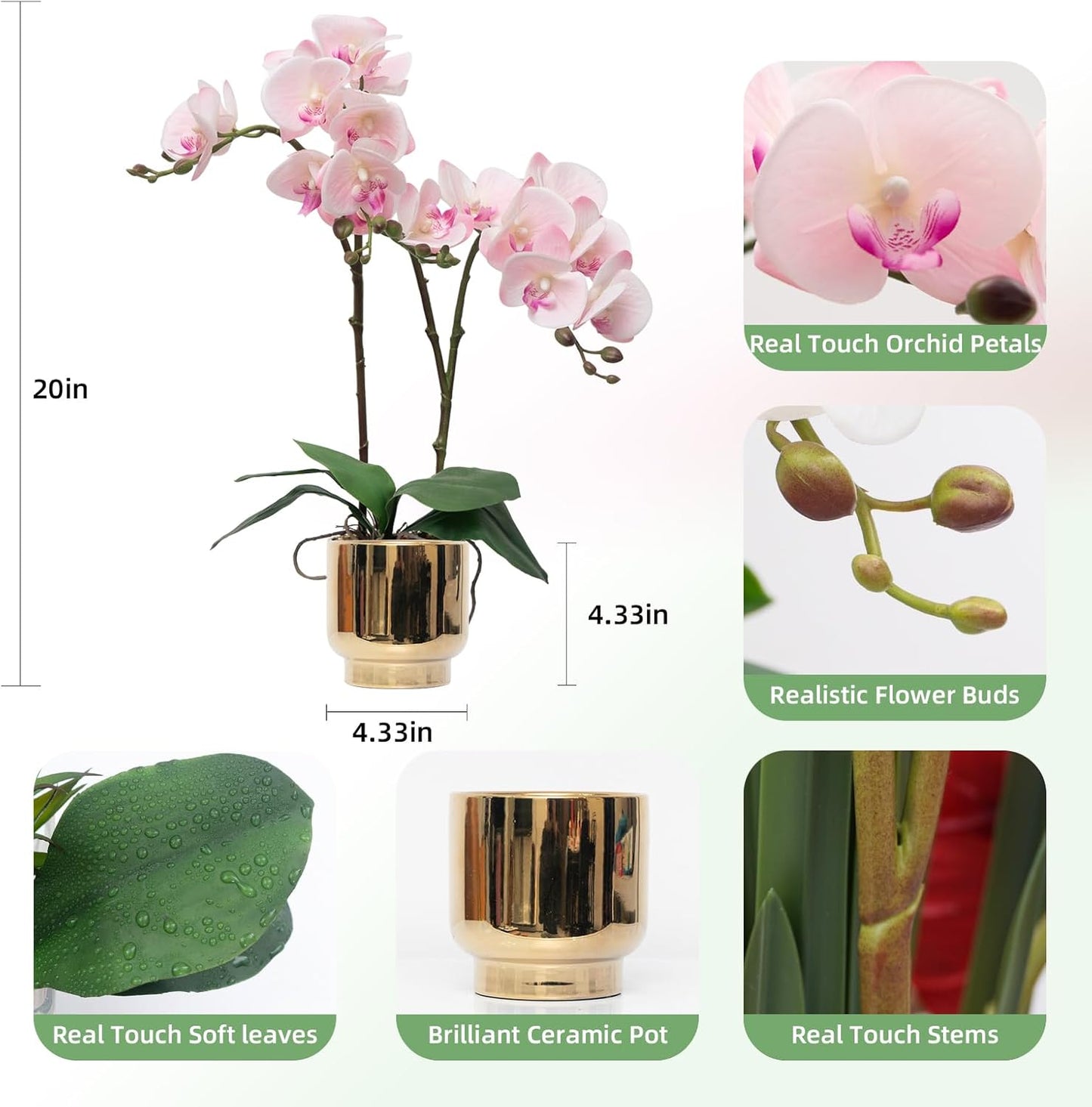 Orchids Artificial Flowers Real Touch Fake Flowers in Ceramic Pot 20" White Faux Orchid Plant Lifelike Silk Phalaenopsis for Centerpiece Hotel Home Indoor Decor