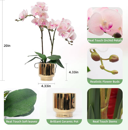 Orchids Artificial Flowers Real Touch Fake Flowers in Ceramic Pot 20" White Faux Orchid Plant Lifelike Silk Phalaenopsis for Centerpiece Hotel Home Indoor Decor