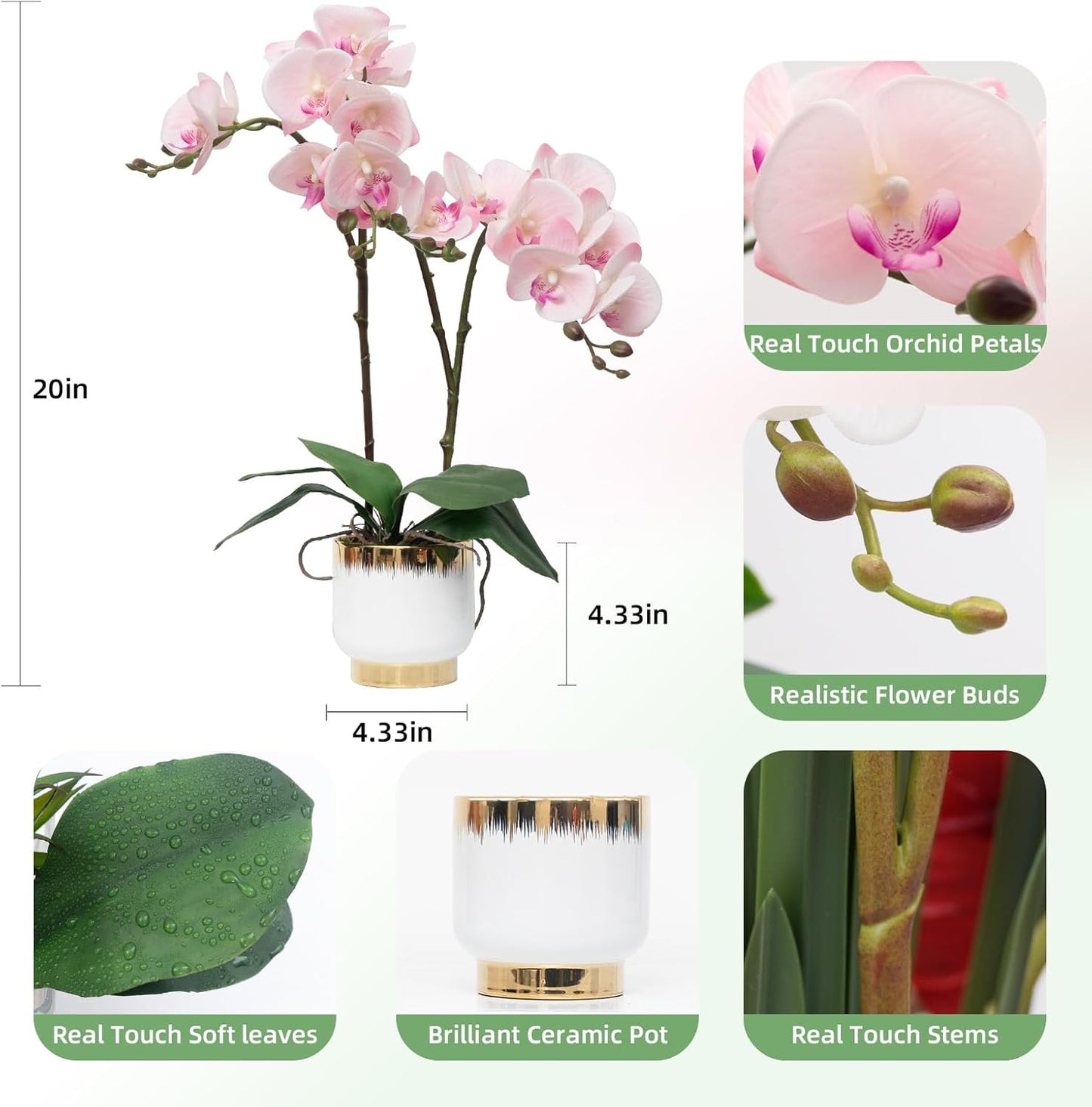 Orchids Artificial Flowers Real Touch Fake Flowers in Ceramic Pot 20" White Faux Orchid Plant Lifelike Silk Phalaenopsis for Centerpiece Hotel Home Indoor Decor