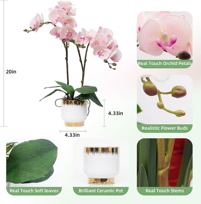 Orchids Artificial Flowers Real Touch Fake Flowers in Ceramic Pot 20" White Faux Orchid Plant Lifelike Silk Phalaenopsis for Centerpiece Hotel Home Indoor Decor