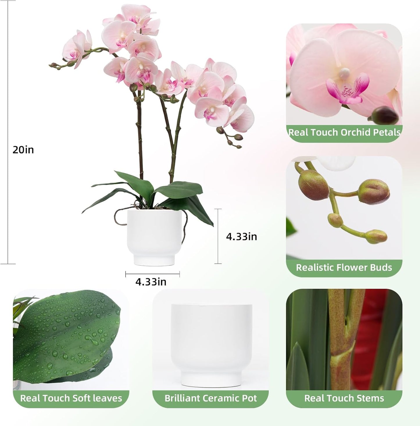 Orchids Artificial Flowers Real Touch Fake Flowers in Ceramic Pot 20" White Faux Orchid Plant Lifelike Silk Phalaenopsis for Centerpiece Hotel Home Indoor Decor
