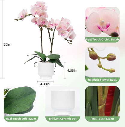 Orchids Artificial Flowers Real Touch Fake Flowers in Ceramic Pot 20" White Faux Orchid Plant Lifelike Silk Phalaenopsis for Centerpiece Hotel Home Indoor Decor