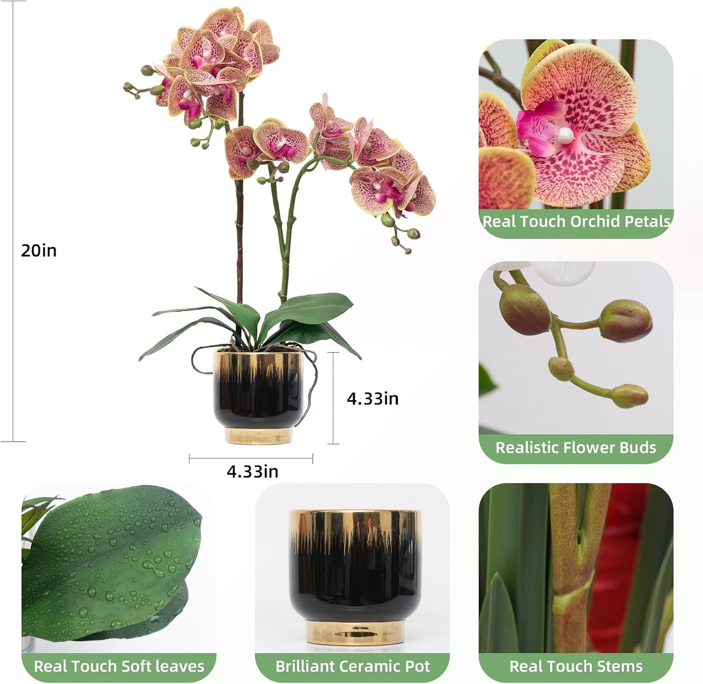 Orchids Artificial Flowers Real Touch Fake Flowers in Ceramic Pot 20" White Faux Orchid Plant Lifelike Silk Phalaenopsis for Centerpiece Hotel Home Indoor Decor
