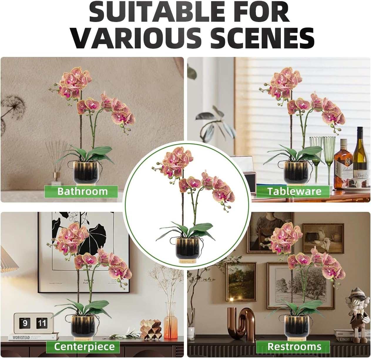 Orchids Artificial Flowers Real Touch Fake Flowers in Ceramic Pot 20" White Faux Orchid Plant Lifelike Silk Phalaenopsis for Centerpiece Hotel Home Indoor Decor