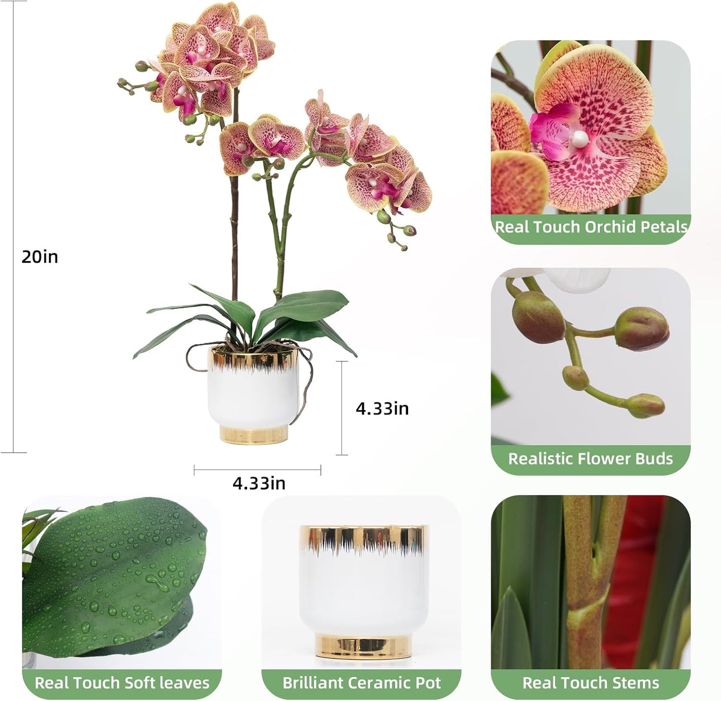 Orchids Artificial Flowers Real Touch Fake Flowers in Ceramic Pot 20" White Faux Orchid Plant Lifelike Silk Phalaenopsis for Centerpiece Hotel Home Indoor Decor