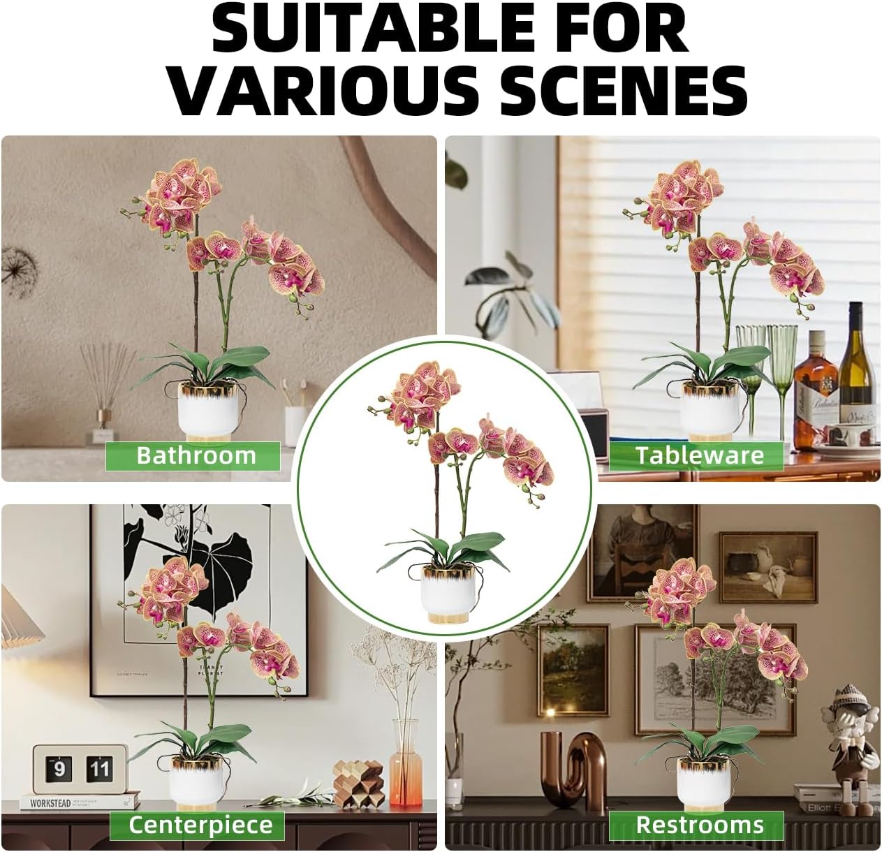 Orchids Artificial Flowers Real Touch Fake Flowers in Ceramic Pot 20" White Faux Orchid Plant Lifelike Silk Phalaenopsis for Centerpiece Hotel Home Indoor Decor