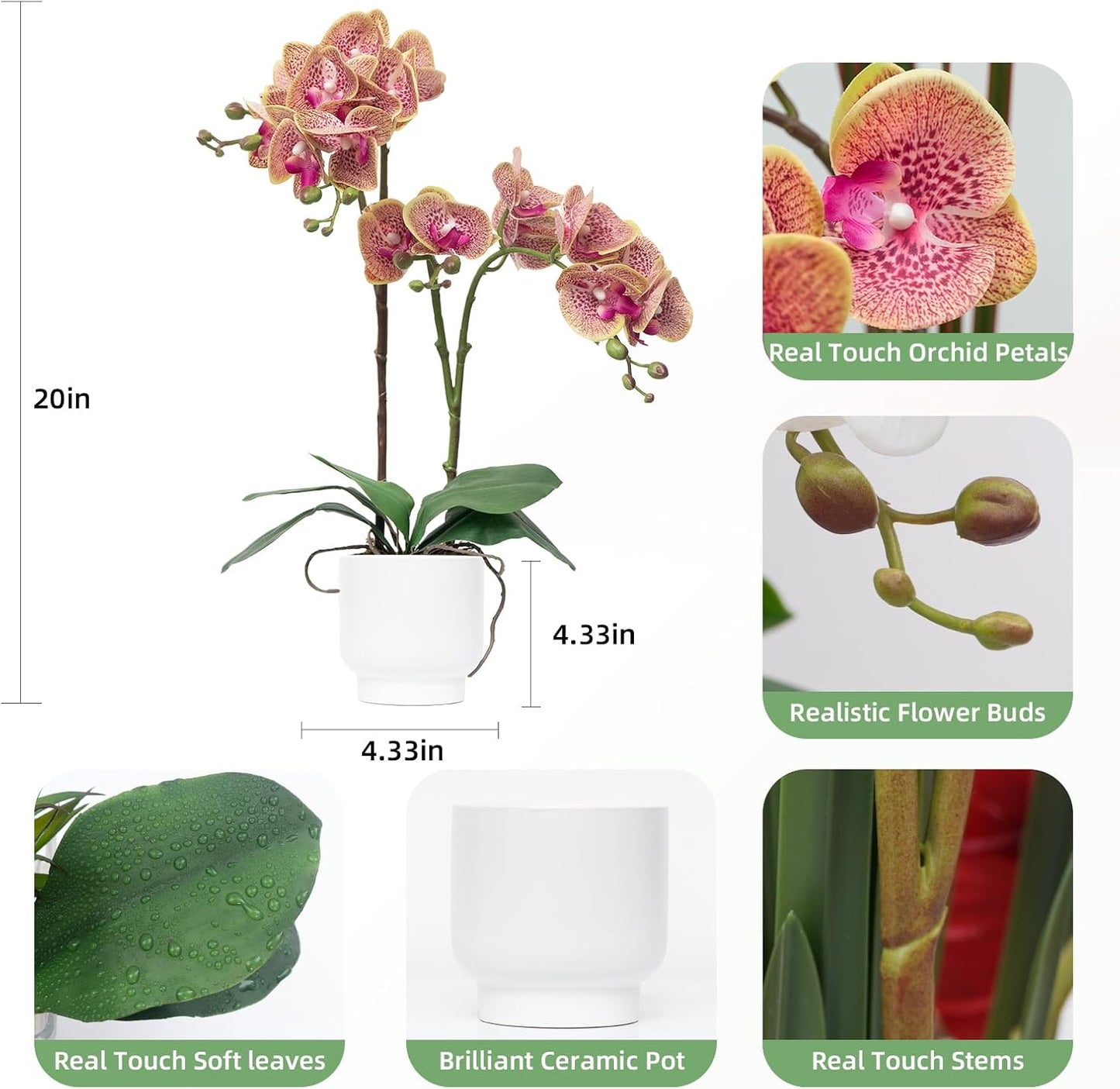 Orchids Artificial Flowers Real Touch Fake Flowers in Ceramic Pot 20" White Faux Orchid Plant Lifelike Silk Phalaenopsis for Centerpiece Hotel Home Indoor Decor