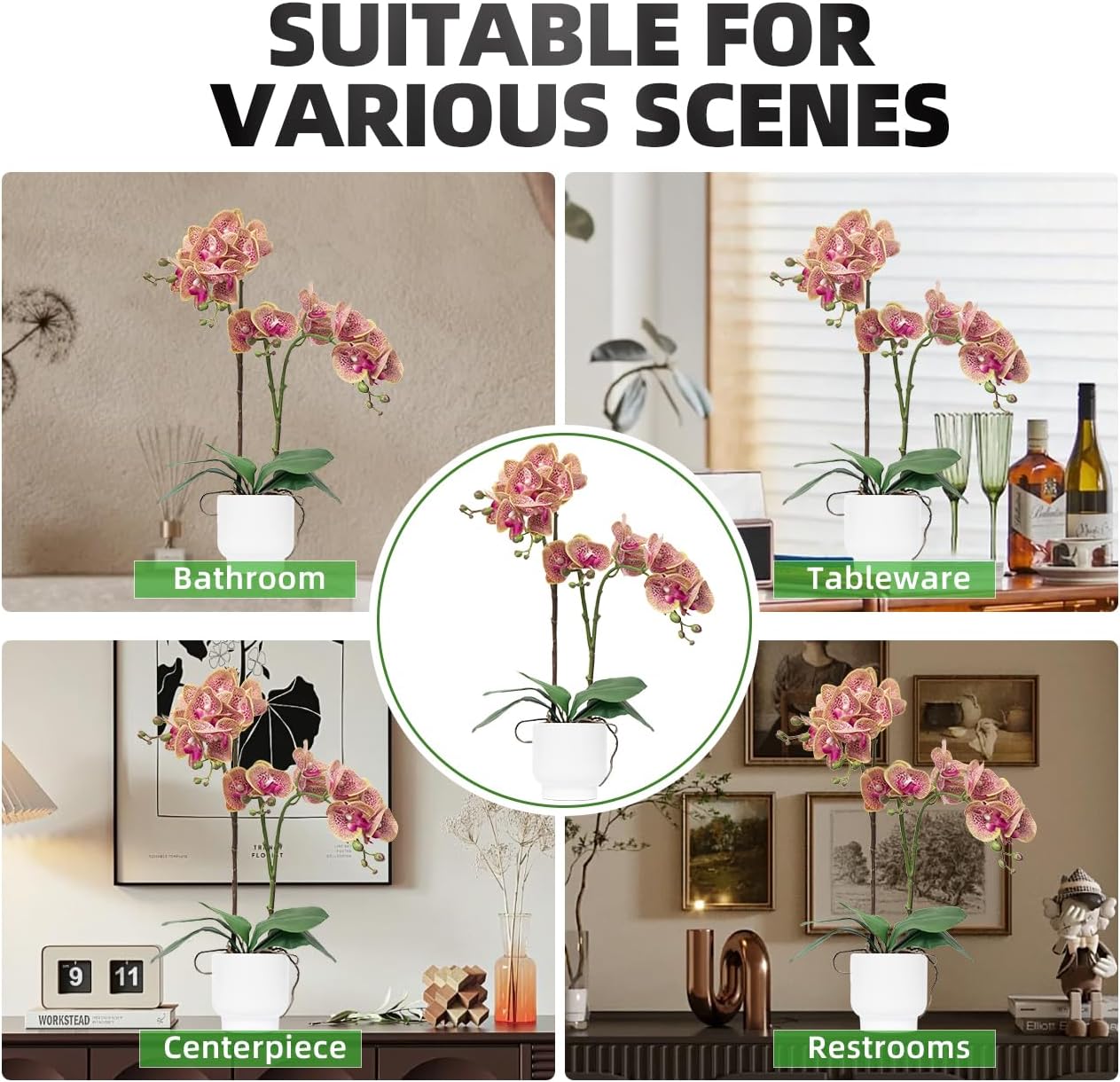 Orchids Artificial Flowers Real Touch Fake Flowers in Ceramic Pot 20" White Faux Orchid Plant Lifelike Silk Phalaenopsis for Centerpiece Hotel Home Indoor Decor