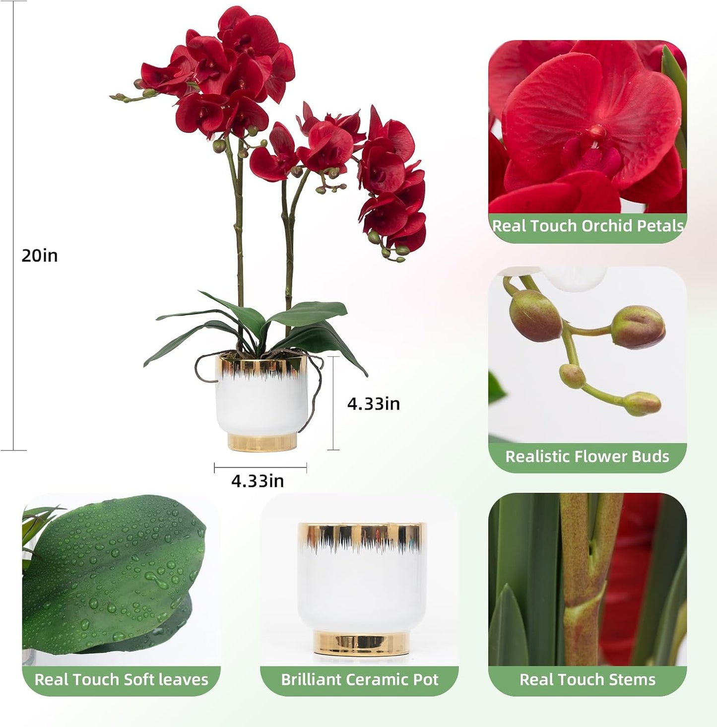Orchids Artificial Flowers Real Touch Fake Flowers in Ceramic Pot 20" White Faux Orchid Plant Lifelike Silk Phalaenopsis for Centerpiece Hotel Home Indoor Decor