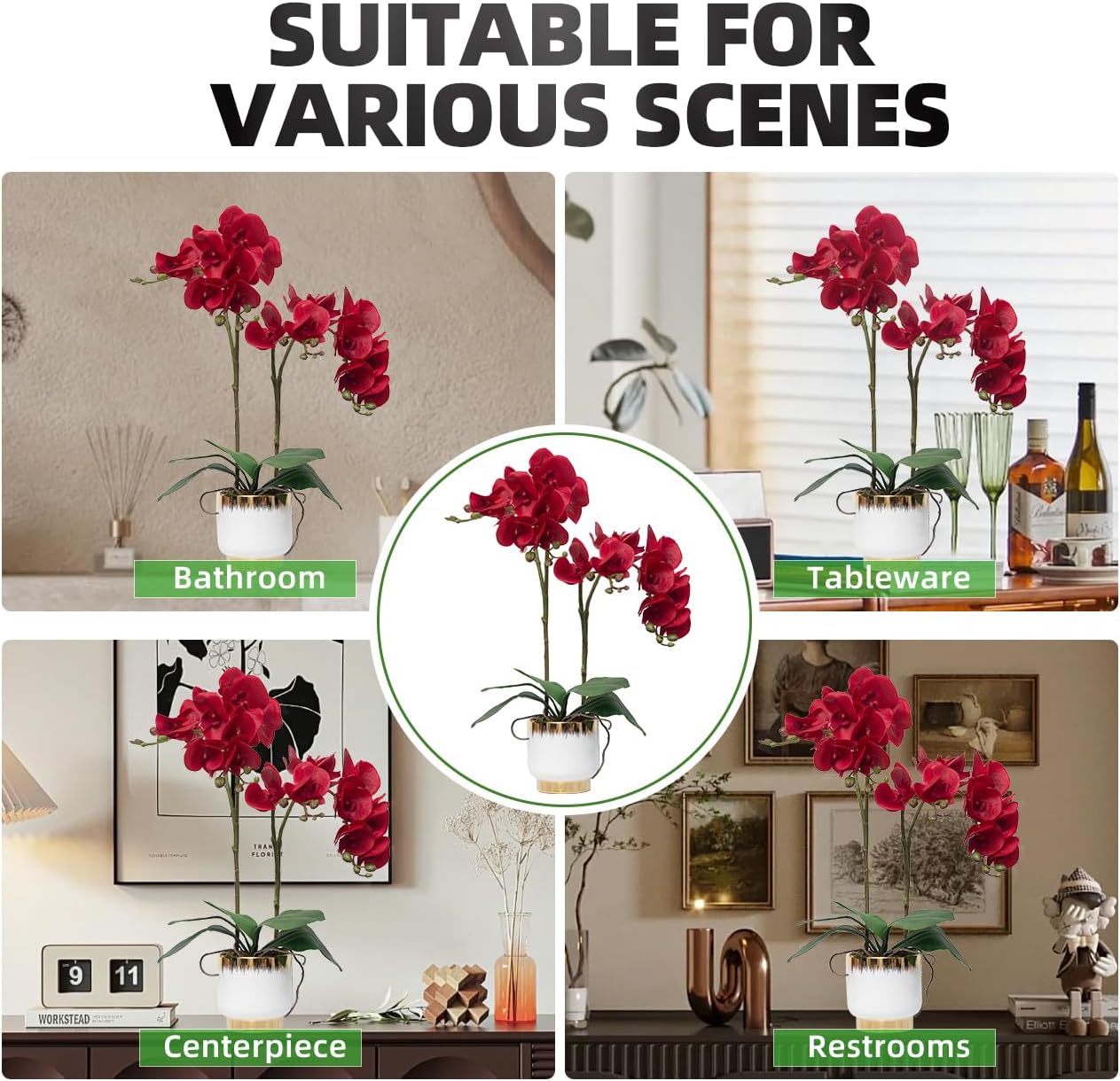 Orchids Artificial Flowers Real Touch Fake Flowers in Ceramic Pot 20" White Faux Orchid Plant Lifelike Silk Phalaenopsis for Centerpiece Hotel Home Indoor Decor