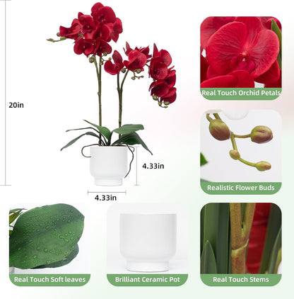 Orchids Artificial Flowers Real Touch Fake Flowers in Ceramic Pot 20" White Faux Orchid Plant Lifelike Silk Phalaenopsis for Centerpiece Hotel Home Indoor Decor