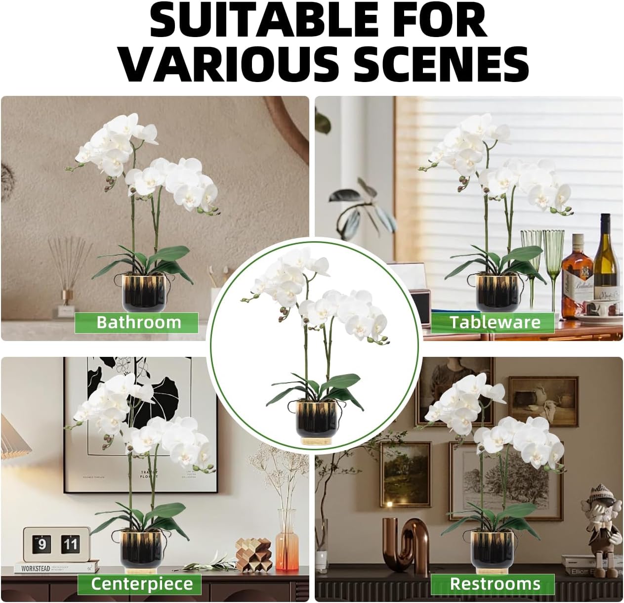 Orchids Artificial Flowers Real Touch Fake Flowers in Ceramic Pot 20" White Faux Orchid Plant Lifelike Silk Phalaenopsis for Centerpiece Hotel Home Indoor Decor