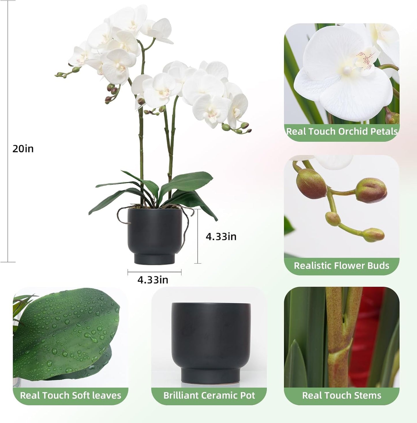 Orchids Artificial Flowers Real Touch Fake Flowers in Ceramic Pot 20" White Faux Orchid Plant Lifelike Silk Phalaenopsis for Centerpiece Hotel Home Indoor Decor