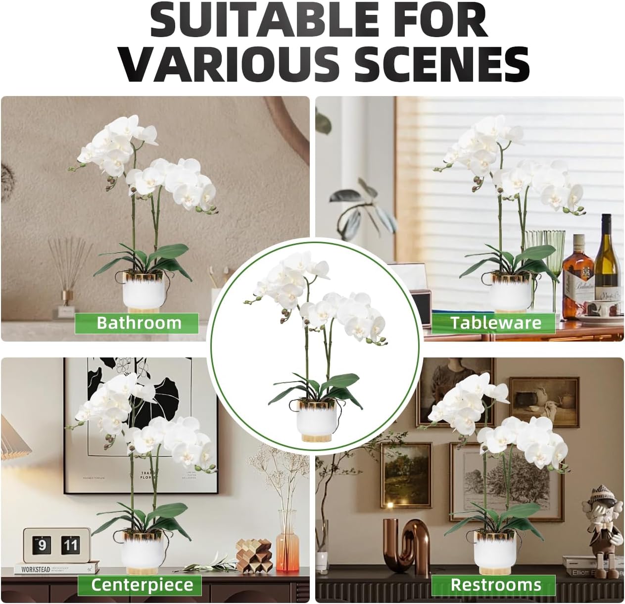 Orchids Artificial Flowers Real Touch Fake Flowers in Ceramic Pot 20" White Faux Orchid Plant Lifelike Silk Phalaenopsis for Centerpiece Hotel Home Indoor Decor
