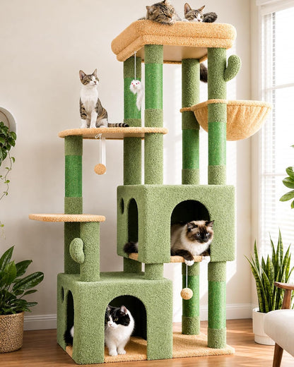 Cactus Cat Tower for Indoor Cats, Heavy Duty Cat Trees for Large Cats Adult Big Cats Maine Coon Cat Tree Tower with Scratching Post, Extra Large Top Perch, Cat Condos, F61, Green, 61inch