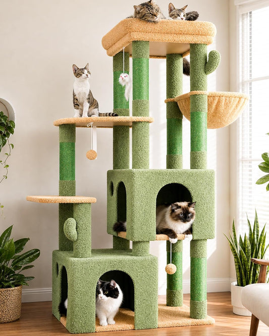 Cactus Cat Tower for Indoor Cats, Heavy Duty Cat Trees for Large Cats Adult Big Cats Maine Coon Cat Tree Tower with Scratching Post, Extra Large Top Perch, Cat Condos, F61, Green, 61inch