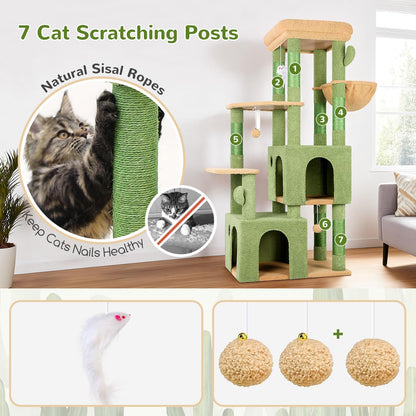 Cactus Cat Tower for Indoor Cats, Heavy Duty Cat Trees for Large Cats Adult Big Cats Maine Coon Cat Tree Tower with Scratching Post, Extra Large Top Perch, Cat Condos, F61, Green, 61inch