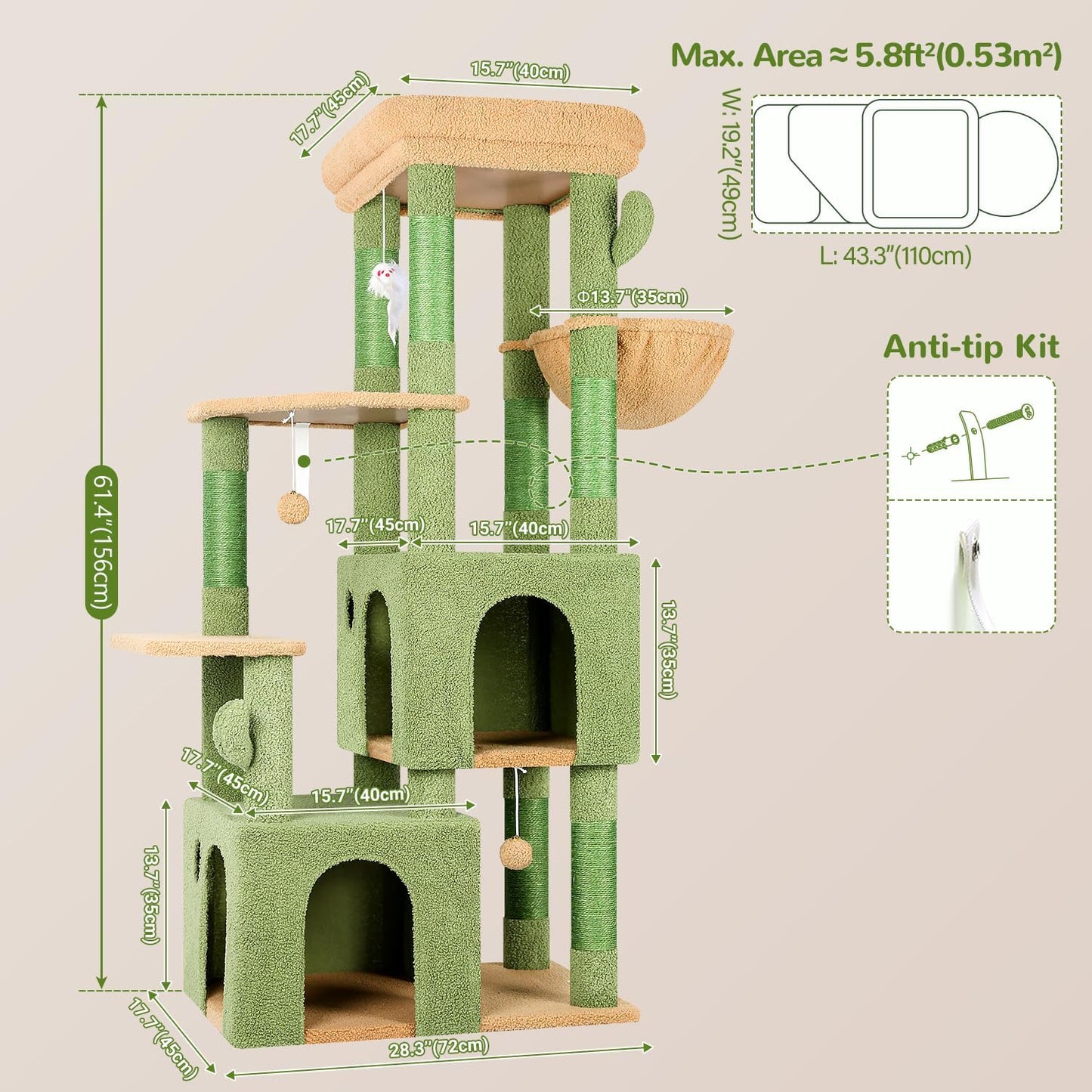 Cactus Cat Tower for Indoor Cats, Heavy Duty Cat Trees for Large Cats Adult Big Cats Maine Coon Cat Tree Tower with Scratching Post, Extra Large Top Perch, Cat Condos, F61, Green, 61inch