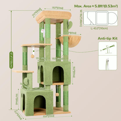 Cactus Cat Tower for Indoor Cats, Heavy Duty Cat Trees for Large Cats Adult Big Cats Maine Coon Cat Tree Tower with Scratching Post, Extra Large Top Perch, Cat Condos, F61, Green, 61inch