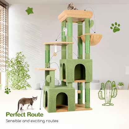 Cactus Cat Tower for Indoor Cats, Heavy Duty Cat Trees for Large Cats Adult Big Cats Maine Coon Cat Tree Tower with Scratching Post, Extra Large Top Perch, Cat Condos, F61, Green, 61inch