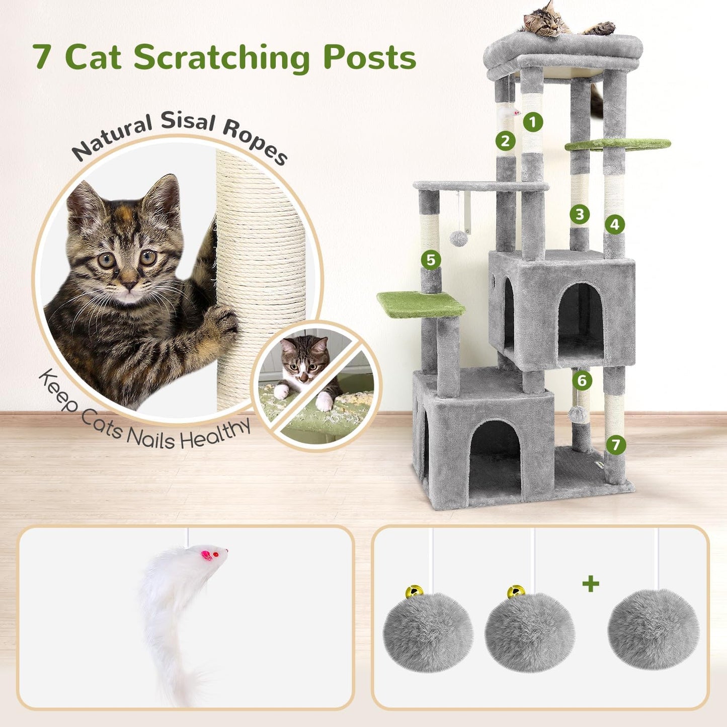 Cactus Cat Tower for Indoor Cats, Heavy Duty Cat Trees for Large Cats Adult Big Cats Maine Coon Cat Tree Tower with Scratching Post, Extra Large Top Perch, Cat Condos, F61, Green, 61inch