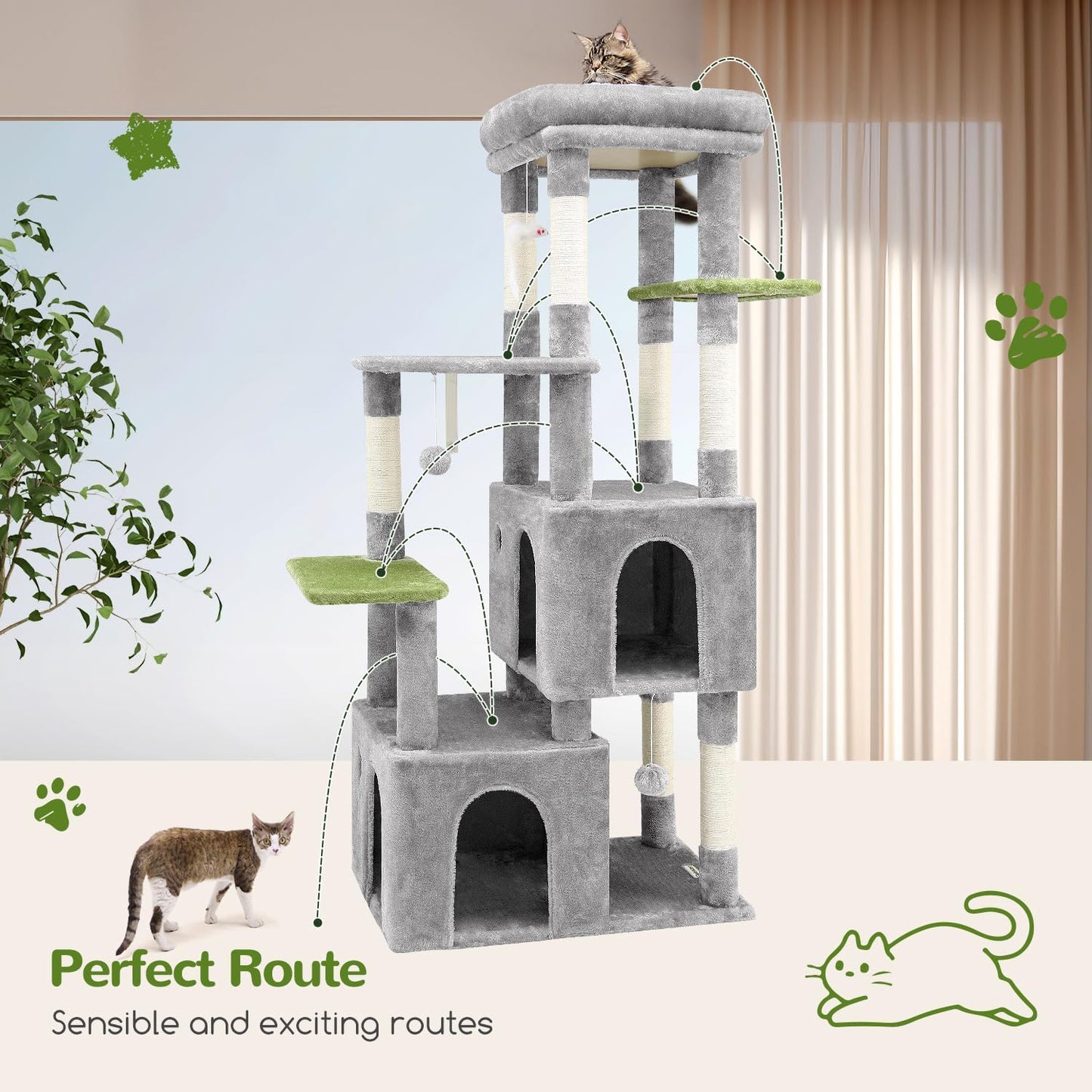Cactus Cat Tower for Indoor Cats, Heavy Duty Cat Trees for Large Cats Adult Big Cats Maine Coon Cat Tree Tower with Scratching Post, Extra Large Top Perch, Cat Condos, F61, Green, 61inch