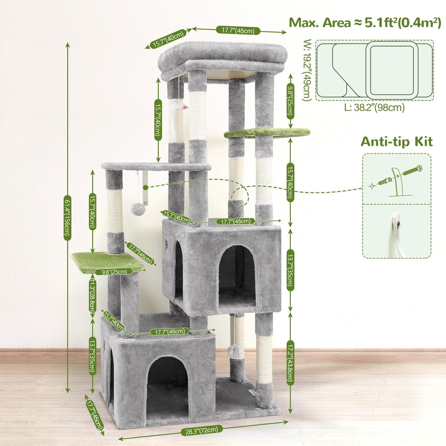 Cactus Cat Tower for Indoor Cats, Heavy Duty Cat Trees for Large Cats Adult Big Cats Maine Coon Cat Tree Tower with Scratching Post, Extra Large Top Perch, Cat Condos, F61, Green, 61inch