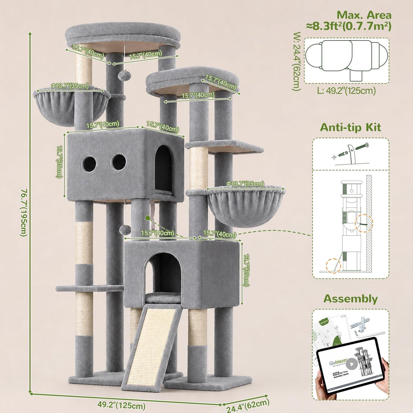 Cactus Cat Tower for Indoor Cats, Heavy Duty Cat Trees for Large Cats Adult Big Cats Maine Coon Cat Tree Tower with Scratching Post, Extra Large Top Perch, Cat Condos, F61, Green, 61inch
