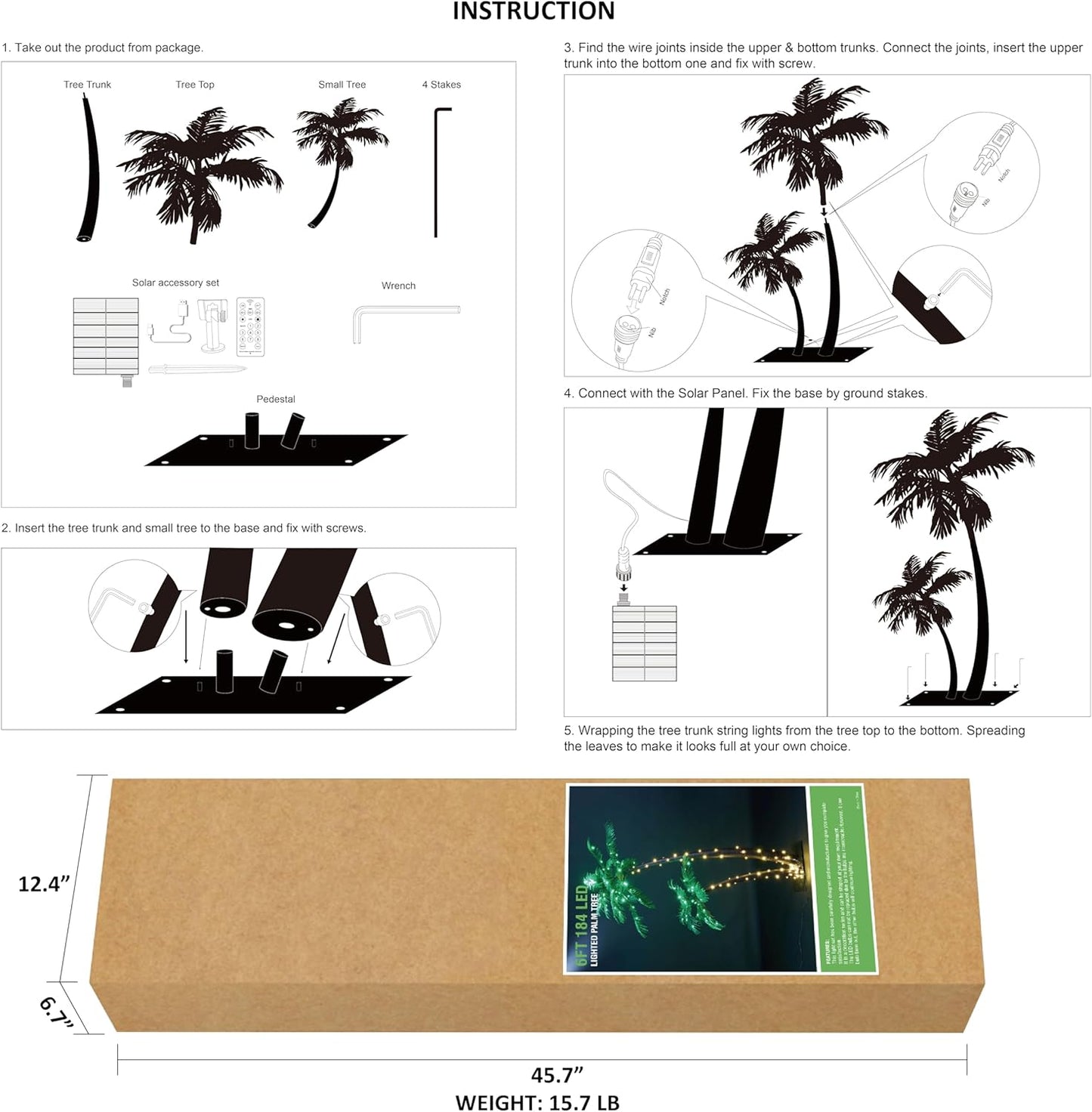 Gorgeous Artificial Lighted Solar Palm Tree 4FT&6FT Office Decor, 184LED for Outside Patio Home Party Garden Nativity