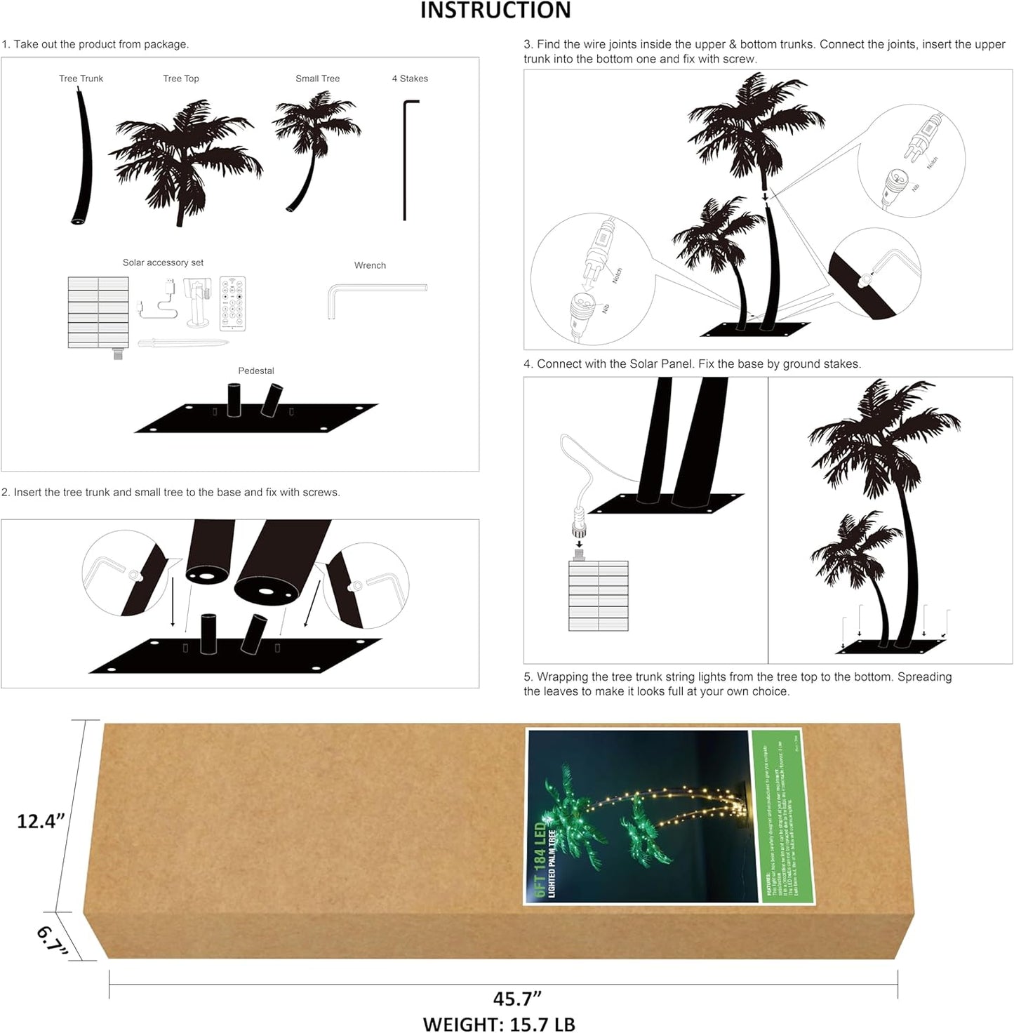 Gorgeous Artificial Lighted Solar Palm Tree 4FT&6FT Office Decor, 184LED for Outside Patio Home Party Garden Nativity