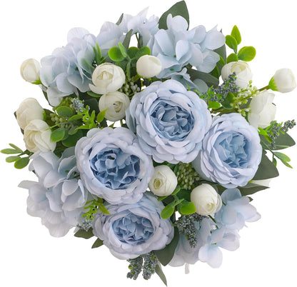2 Bunches Artificial Peonies Flowers Small Silk Blue Peonies Fake Hydrangea Flowers Arrangements Table Centerpiece Faux Flores for Bridal Wedding Home Decor (2, Blue White)