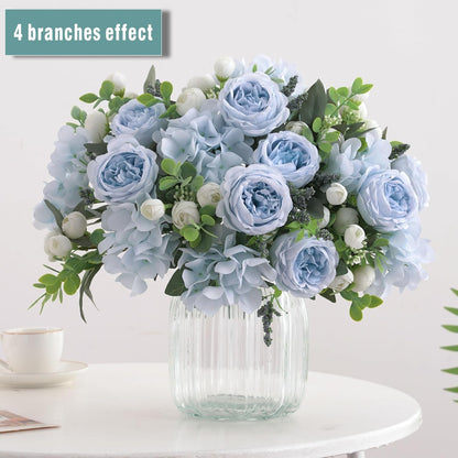 2 Bunches Artificial Peonies Flowers Small Silk Blue Peonies Fake Hydrangea Flowers Arrangements Table Centerpiece Faux Flores for Bridal Wedding Home Decor (2, Blue White)
