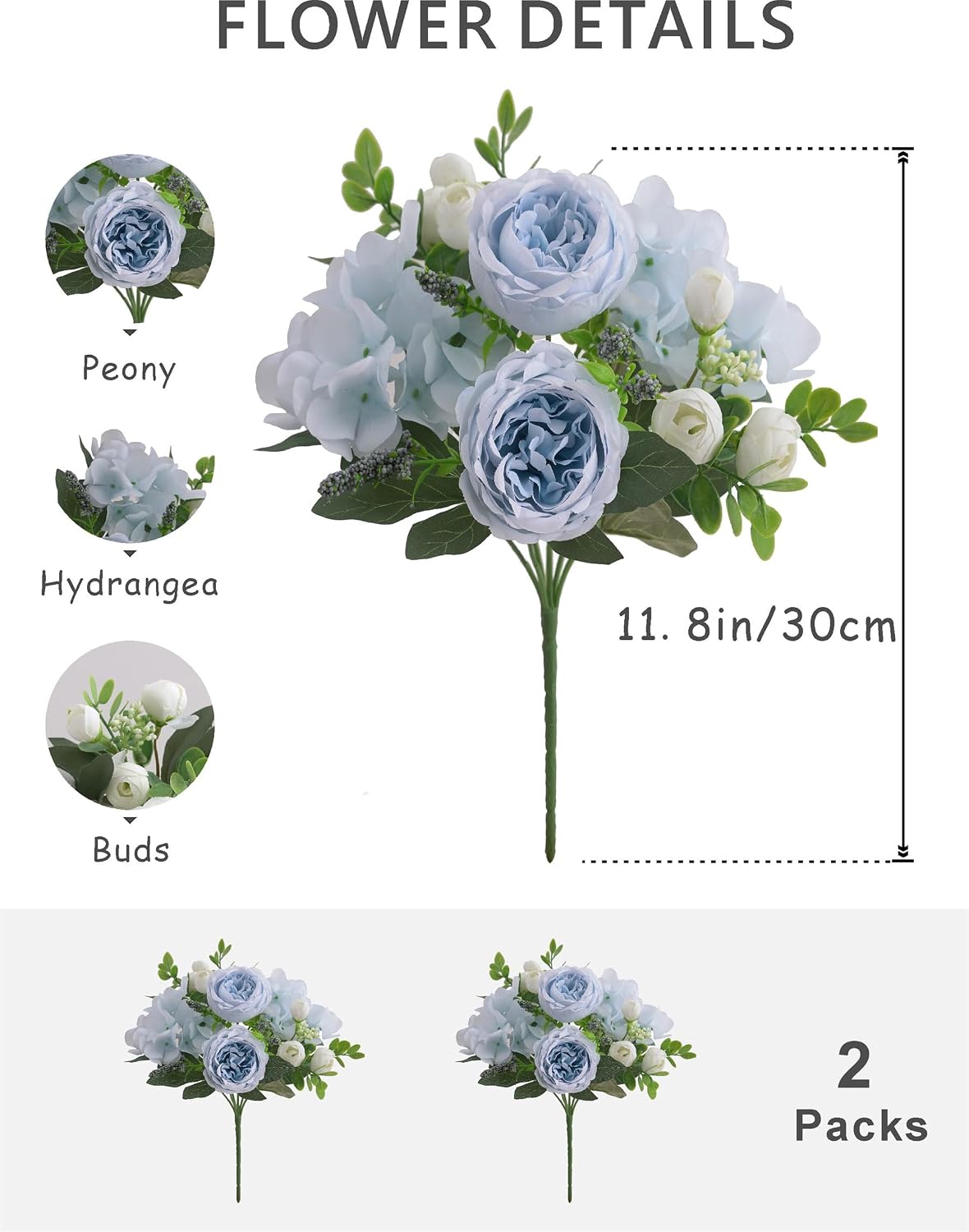 2 Bunches Artificial Peonies Flowers Small Silk Blue Peonies Fake Hydrangea Flowers Arrangements Table Centerpiece Faux Flores for Bridal Wedding Home Decor (2, Blue White)