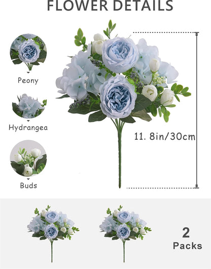2 Bunches Artificial Peonies Flowers Small Silk Blue Peonies Fake Hydrangea Flowers Arrangements Table Centerpiece Faux Flores for Bridal Wedding Home Decor (2, Blue White)
