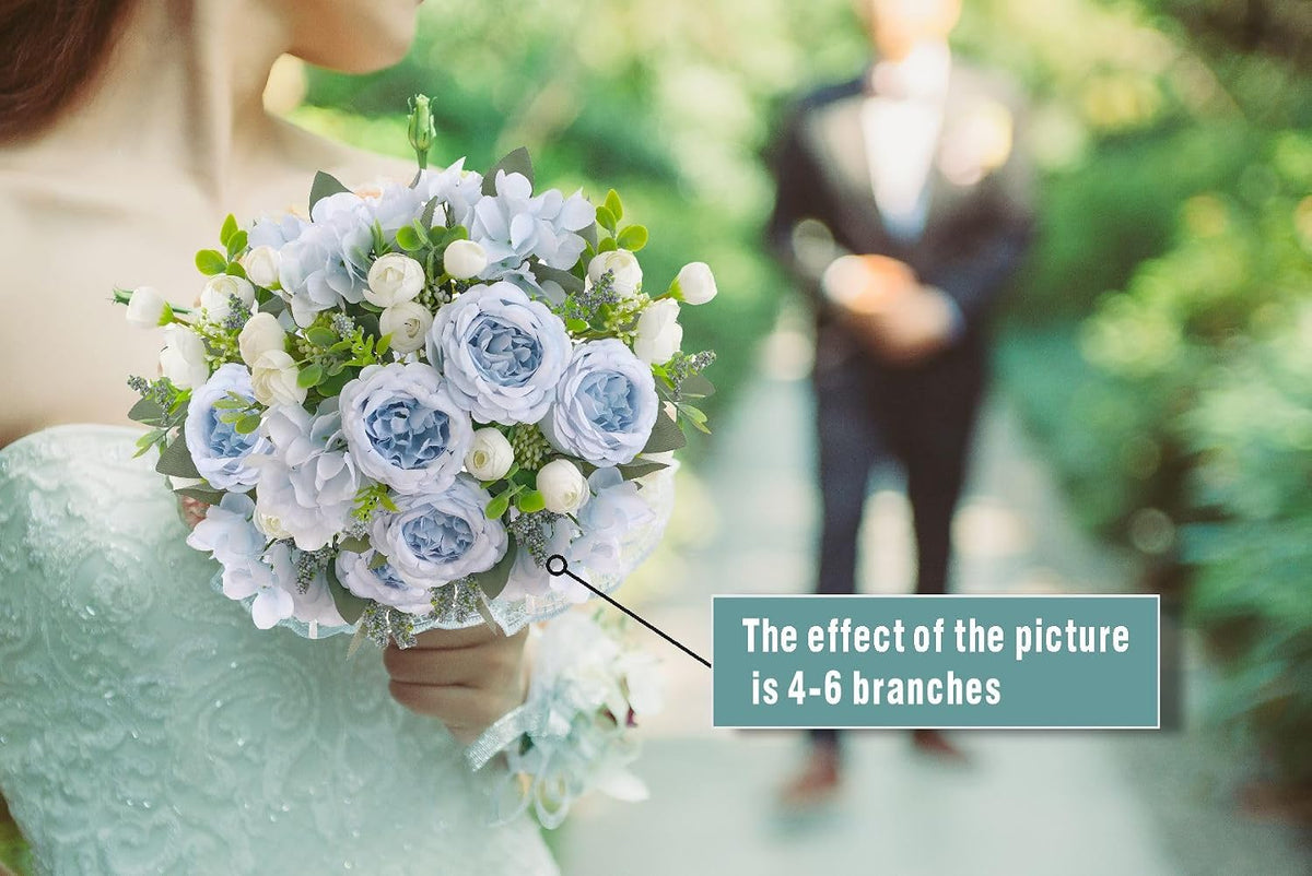2 Bunches Artificial Peonies Flowers Small Silk Blue Peonies Fake Hydrangea Flowers Arrangements Table Centerpiece Faux Flores for Bridal Wedding Home Decor (2, Blue White)