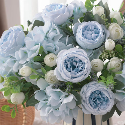 2 Bunches Artificial Peonies Flowers Small Silk Blue Peonies Fake Hydrangea Flowers Arrangements Table Centerpiece Faux Flores for Bridal Wedding Home Decor (2, Blue White)