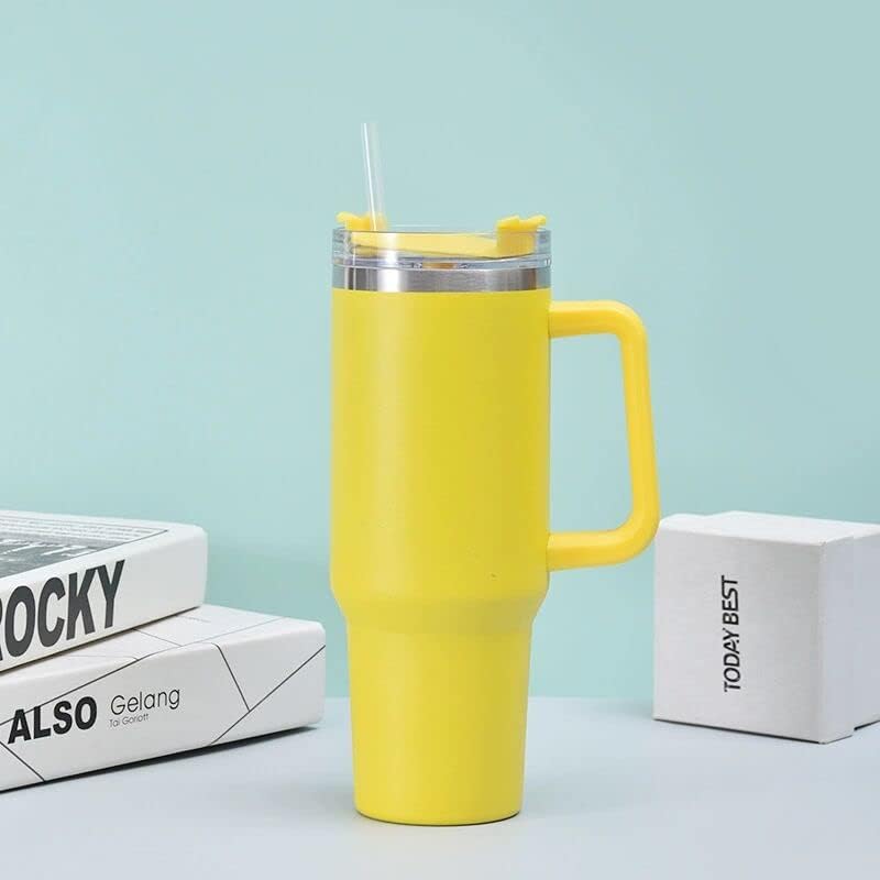 40oz Insulated Travel Mug Tumbler With Handle and Straw,Stainless Steel Double Wall Vacuum Cup Keep Drink Cold and Hot (Yellow)