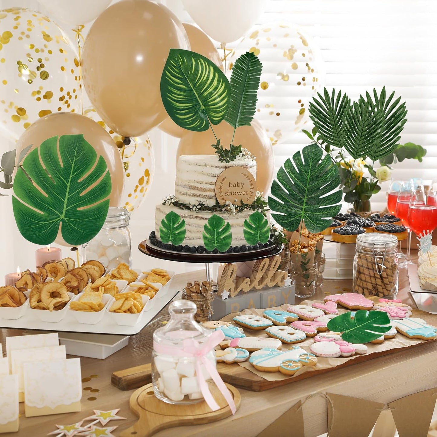 110 Pieces 11 Kinds Artificial Tropical Palm Leaves Tropical Leaves Monstera Leaves Safari Jungle Leaf with Stems for Hawaiian Luau Party Table Wedding Shower Birthday Theme Decorations