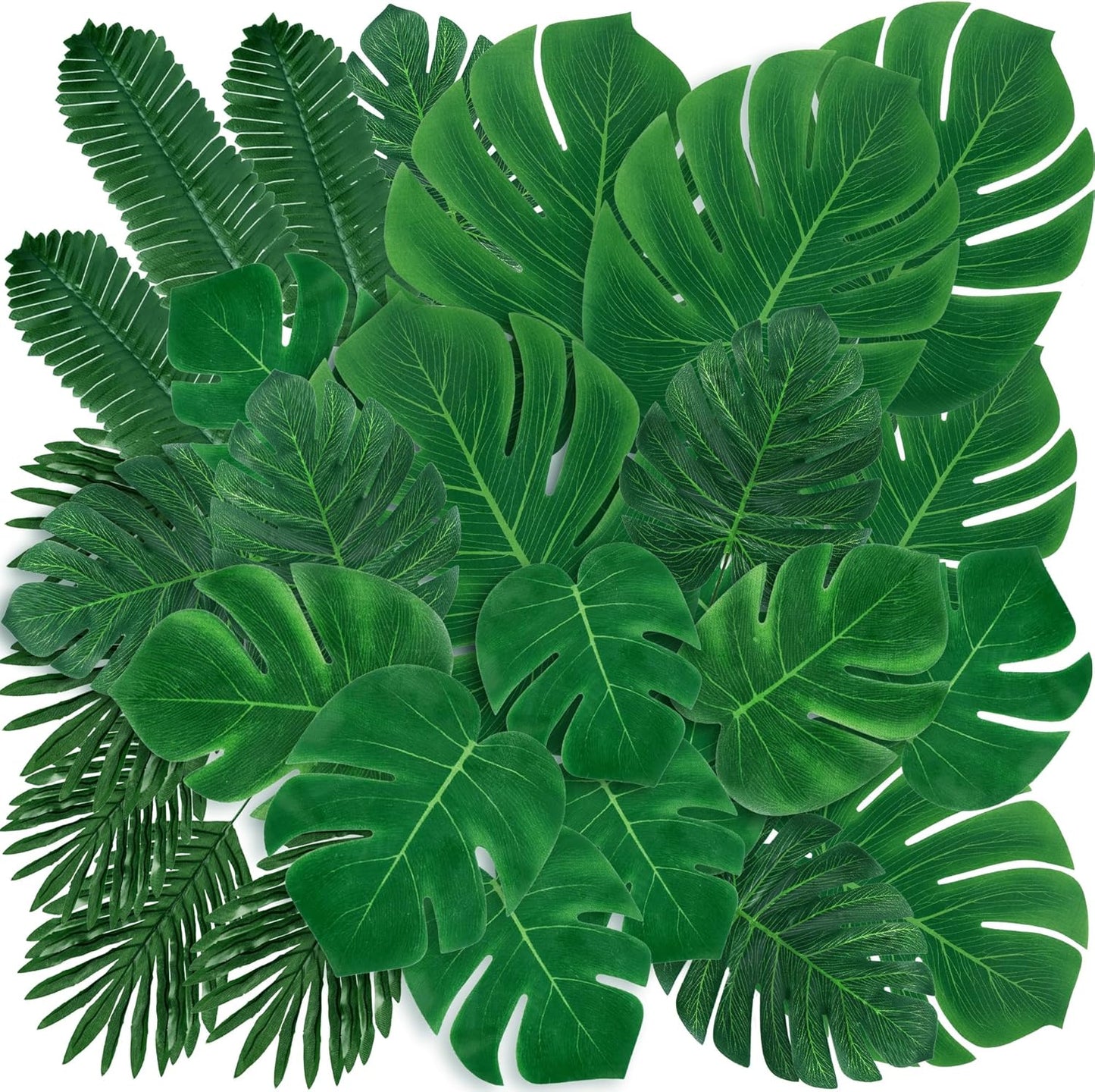 110 Pieces 11 Kinds Artificial Tropical Palm Leaves Tropical Leaves Monstera Leaves Safari Jungle Leaf with Stems for Hawaiian Luau Party Table Wedding Shower Birthday Theme Decorations