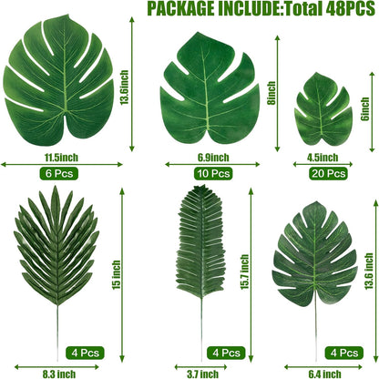 110 Pieces 11 Kinds Artificial Tropical Palm Leaves Tropical Leaves Monstera Leaves Safari Jungle Leaf with Stems for Hawaiian Luau Party Table Wedding Shower Birthday Theme Decorations