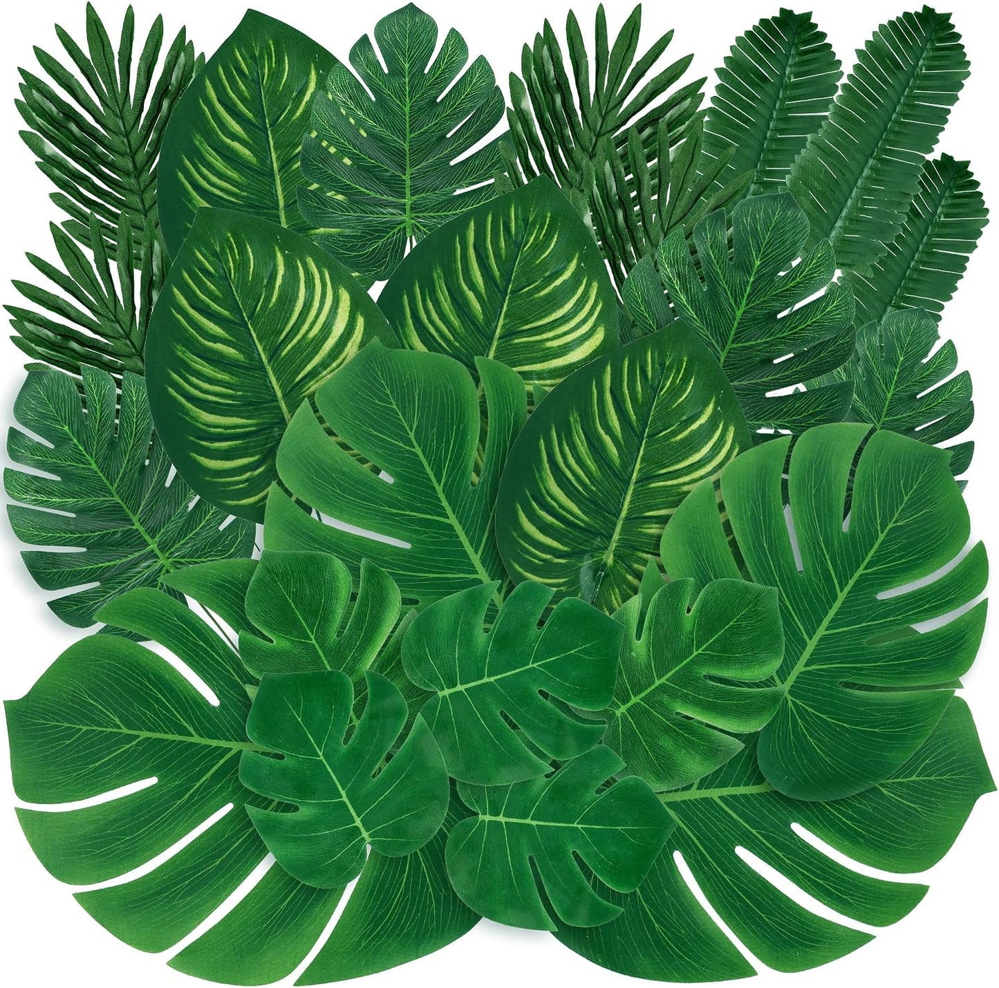 110 Pieces 11 Kinds Artificial Tropical Palm Leaves Tropical Leaves Monstera Leaves Safari Jungle Leaf with Stems for Hawaiian Luau Party Table Wedding Shower Birthday Theme Decorations